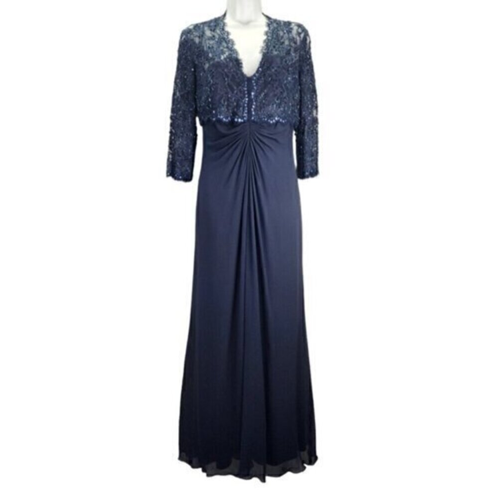 Tadashi Collection Silk Beaded Ruched Long Evening Gown Navy Blue Plus Size 16